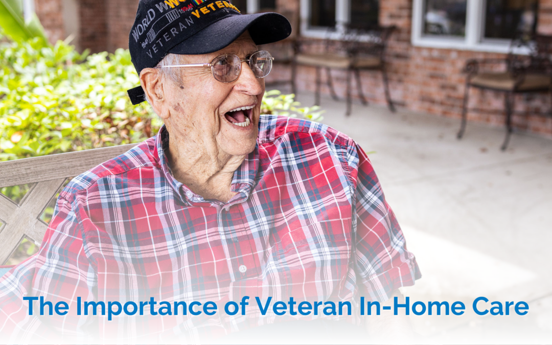 Importance of veteran in-home care - elderly veteran man sitting on porch outside laughing